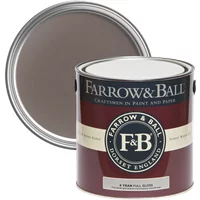 Farrow & Ball Full Gloss paint can, London Clay No. 244, maroon label, open lid showing brown paint.