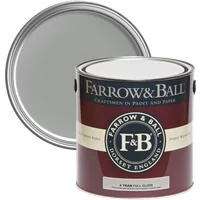 Farrow & Ball Full Gloss paint can, Manor House Gray No. 265, burgundy label, open lid showing gray paint.
