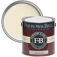 Farrow & Ball Full Gloss paint can, New White No. 59, maroon label, open lid showing creamy white paint.