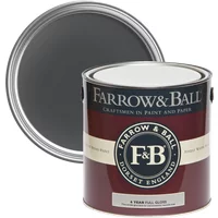 Farrow & Ball Full Gloss paint can, Off-Black No. 57, maroon label, silver lid, for wood and metalwork.