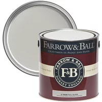 Farrow & Ball Full Gloss paint can, Pavilion Gray No. 242, maroon label, lid off showing light gray paint.