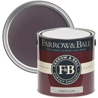 Farrow & Ball Full Gloss paint can, Pelt No. 254, deep purple hue, for wood and metalwork, with open lid showing color.