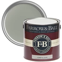 Farrow & Ball Full Gloss paint can, Pigeon No. 25, with open lid showing gray color, for wood and metalwork.