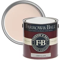 Farrow & Ball Full Gloss paint can, Pink Ground No. 202, maroon label, open lid showing pale pink paint.