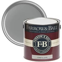 Farrow & Ball Full Gloss paint can, Plummett No. 272, with maroon label and open lid showing gray paint.