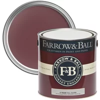 Farrow & Ball Full Gloss paint can, Preference Red No. 297, with matching open lid, for wood and metalwork.
