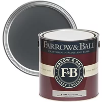 Farrow & Ball Full Gloss paint can, Railings No. 31, dark gray color, for wood and metalwork, maroon label.