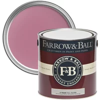 Farrow & Ball Full Gloss paint can, Rangwali No. 296, pink hue, for wood and metalwork, with open lid showing color.