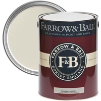Farrow & Ball Modern Eggshell paint can, 2.5L, Shadow White No. 282, maroon label with beige stripe and open lid.