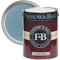 Farrow & Ball Modern Eggshell 2.5L can, Stone Blue No. 86, dark red label, open lid showing blue paint.