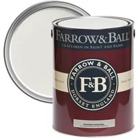 Farrow & Ball Modern Eggshell 2.5L paint can, Strong White No. 2001, maroon label with cream and black accents.
