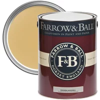 Farrow & Ball Modern Eggshell paint can, Sudbury Yellow No. 51, with open lid showing warm yellow color.