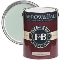 Farrow & Ball Modern Eggshell paint can, Teresa's Green No. 236, with open lid showing light green color.