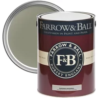 Farrow & Ball Modern Eggshell 2.5L paint can, Treron No. 292, dark green label, maroon background, open lid.