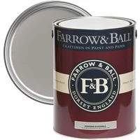 Farrow & Ball Modern Eggshell 2.5L paint can, Worsted No. 284, dark red label with white and black text, open lid.