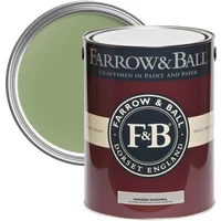 Farrow & Ball Modern Eggshell paint can, Yeabridge Green No. 287, with green paint visible inside.