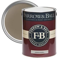 Farrow & Ball Modern Eggshell 5L paint can, Broccoli Brown No. 198, with open lid showing brown paint inside.