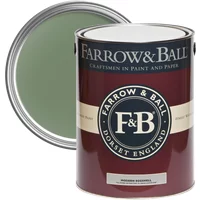 Farrow & Ball Modern Eggshell paint can, 5L, Calke Green No. 34, with dark red label and green paint inside.