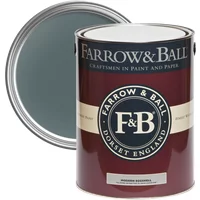 Farrow & Ball Modern Eggshell 5L paint can, Inchyra Blue No. 289, dark red label with silver lid.