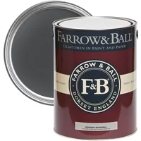 Farrow & Ball Modern Eggshell Paint, 5L tin, Off-Black No. 57, maroon label with white and black text.