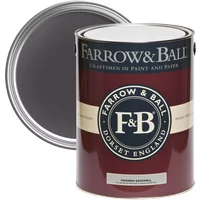 Farrow & Ball Modern Eggshell Paint, 5L can, Paean Black No. 294, maroon label with open lid showing dark paint.
