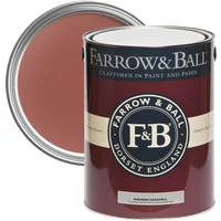 Farrow & Ball Modern Eggshell Paint can, deep red label, Picture Gallery Red No. 42, 5L size, open lid.