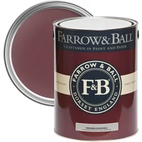 Farrow & Ball Modern Eggshell 5L paint can in Preference Red No. 297 with open lid showing deep red color.