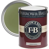 Farrow & Ball Modern Eggshell 5L paint can, Sap Green No. 199, with open lid showing green color.