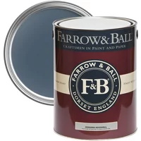 Farrow & Ball 5L paint can, Stiffkey Blue No. 281, maroon label with cream band, open lid showing deep blue paint.