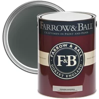 Farrow & Ball Modern Eggshell 5L can, Studio Green No. 93, dark green paint, maroon label with beige band.