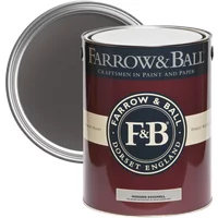 Farrow & Ball Modern Eggshell 5L paint can, Tanner's Brown No. 255, with open lid showing dark brown color.