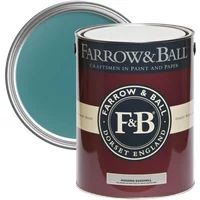 Farrow & Ball Modern Eggshell 5L paint can, Vardo No. 288, teal color with maroon and cream label.