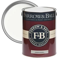 Farrow & Ball Modern Eggshell paint can, All White No. 2005, with open lid showing white paint inside.
