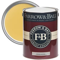Farrow & Ball Modern Eggshell paint can, Babouche No. 223, yellow color, maroon label with F&B logo.