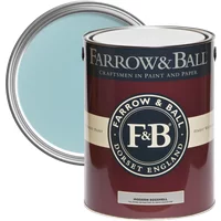Farrow & Ball Modern Eggshell paint can, Blue Ground No. 210, with a maroon label and light blue paint visible inside.