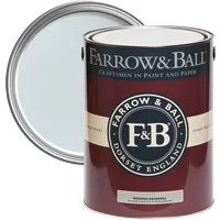 Farrow & Ball Borrowed Light No. 235 Modern Eggshell Paint in maroon can with beige label and open lid.