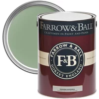 Farrow & Ball paint can, maroon label, Breakfast Room Green No. 81, modern eggshell finish, lid showing green color.