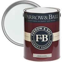 Farrow & Ball Modern Eggshell paint can, Cabbage White No. 269, with maroon label and open lid showing pale blue paint.