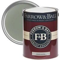 Farrow & Ball Modern Eggshell paint can in Card Room Green No. 79, maroon label with beige band and open lid.