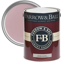 Farrow & Ball Modern Eggshell paint can, Cinder Rose No. 246, maroon label, open lid showing soft pink paint.