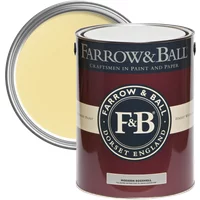 Farrow & Ball Modern Eggshell paint can, Dayroom Yellow No. 233, maroon label with beige band and logo.