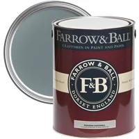 Farrow & Ball Modern Eggshell paint can, De Nimes No. 299, deep blue-gray color, open lid showing paint inside.