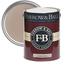 Farrow & Ball Modern Eggshell paint can, Dead Salmon No. 28, maroon label, open lid showing muted pinkish-brown paint.