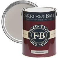 Farrow & Ball Modern Eggshell paint can, Dove Tale No. 267, maroon label with beige band and open silver lid.