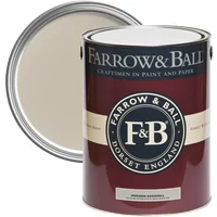 Farrow & Ball Modern Eggshell paint can, Drop Cloth No. 283, maroon label with beige lid and logo.
