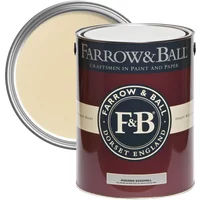 Farrow & Ball Modern Eggshell paint can, Farrow's Cream No. 67, with open lid showing creamy yellow color.