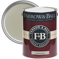 Farrow & Ball Modern Eggshell paint can, French Gray No. 18, with open lid showing light gray color.