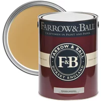 Farrow & Ball Modern Eggshell paint can, India Yellow No. 66, with open lid showing mustard yellow color.