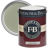 Farrow & Ball Modern Eggshell paint can, Lichen No. 19, deep red label, open lid showing muted green paint.