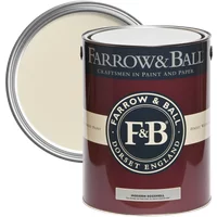 Farrow & Ball Modern Eggshell paint can, Lime White No. 1, maroon label, open lid showing light cream color.